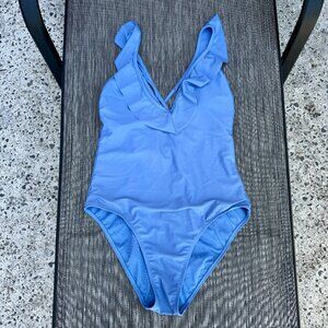 Xhilaration One Piece Swimsuit Large Blue Ruffle Trim Criss Cross Tie Back